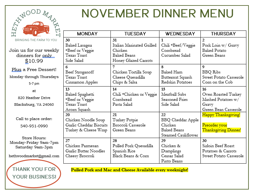 November Menu 2023
