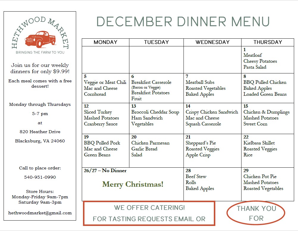 2022 DEC Weekly Dinner Menu